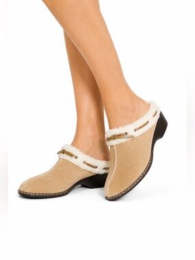 Talbots Suede Shearling Lined Mules Sz 7 Cozy Winter Clog Shoes Tan Classic